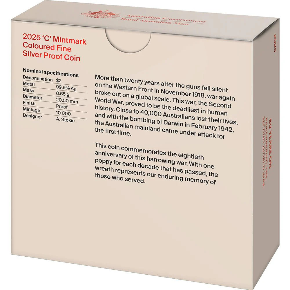 2025 $2 80 Years On: Remembering the Second World War 'C' Mintmark Coloured Fine Silver Proof Coin