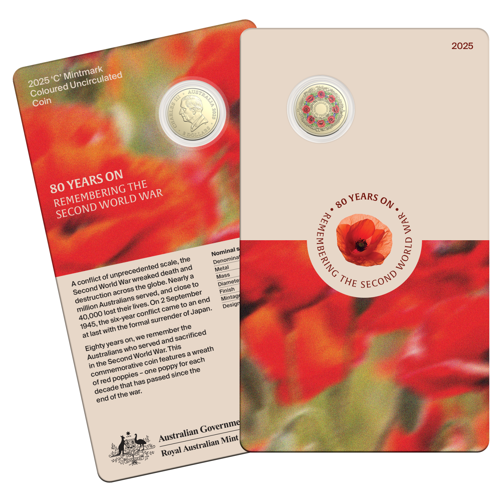 2025 ‘C’ Mintmark Coloured Uncirculated Coin in Card – 80 Years On: Remembering the Second World War